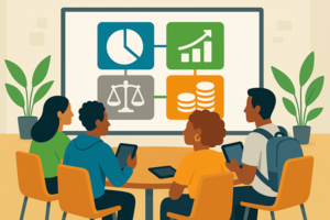 Illustation: Vier Personen sitzen an einem Tisch und betrachten ein Whiteboard mit farbigen Symbolen zu Diagrammen, Recht und Geld.